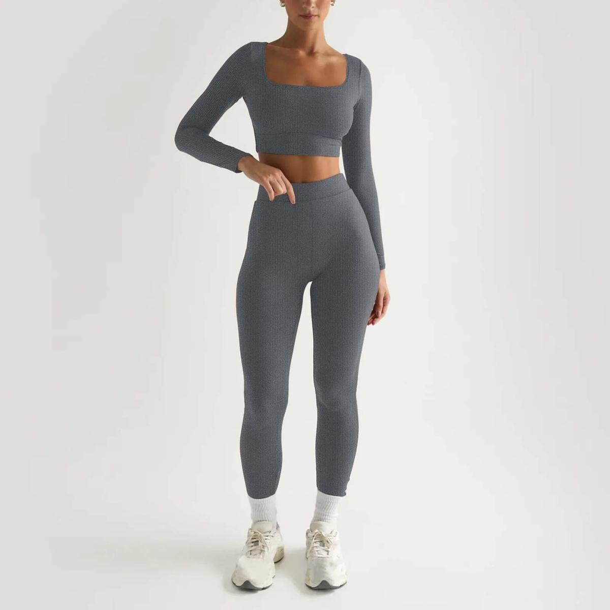 2Pc Yoga Sets for Women Women'S Fashion Casual Solid Color Long Sleeve Square Collar Two Piece Slim Yoga Sports Pants Suit Yoga Sets Yoga Package